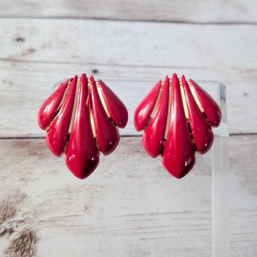 Vintage Stud Earrings 1.25" Large Red & Gold Tone Statement